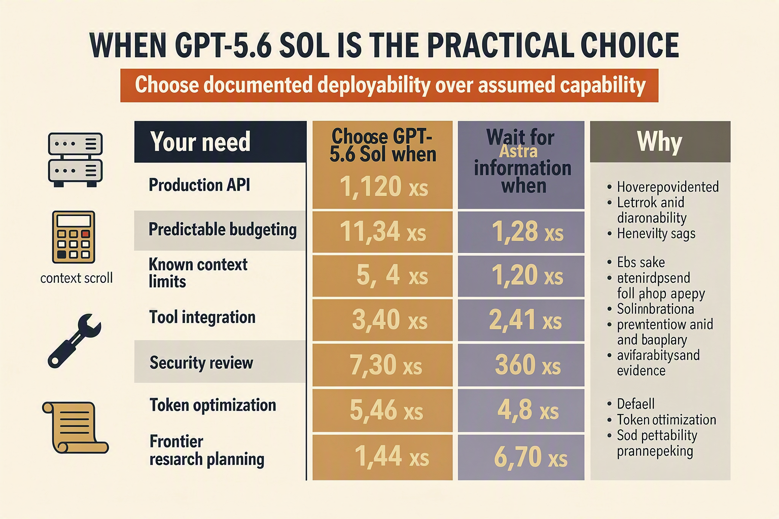 Design a decision table titled WHEN GPT-5.6 SOL IS THE PRACTICAL CHOICE with columns labelled Your need, Choose GPT-5.6 Sol