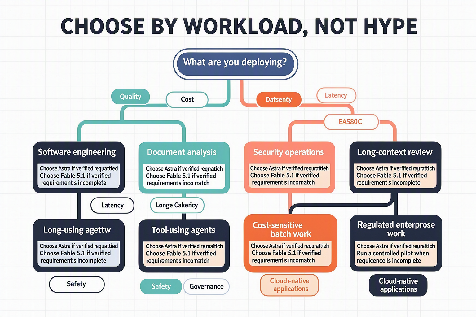 A branching decision tree titled CHOOSE BY WORKLOAD, NOT HYPE beginning with the question What are you deploying?