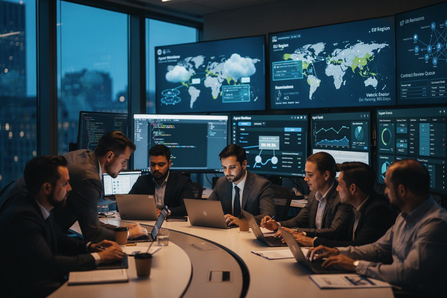 A global enterprise AI operations center during evening hours, with a diverse security, legal, engineering, and procurement