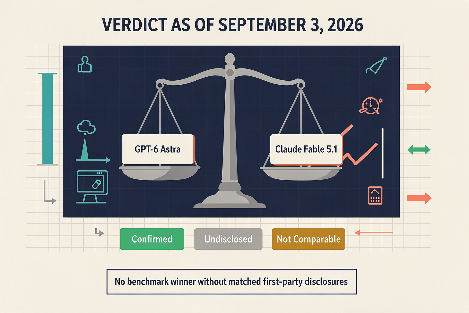 An editorial comparison infographic centered on a perfectly balanced scale, with cards labeled GPT-6 Astra and Claude Fable