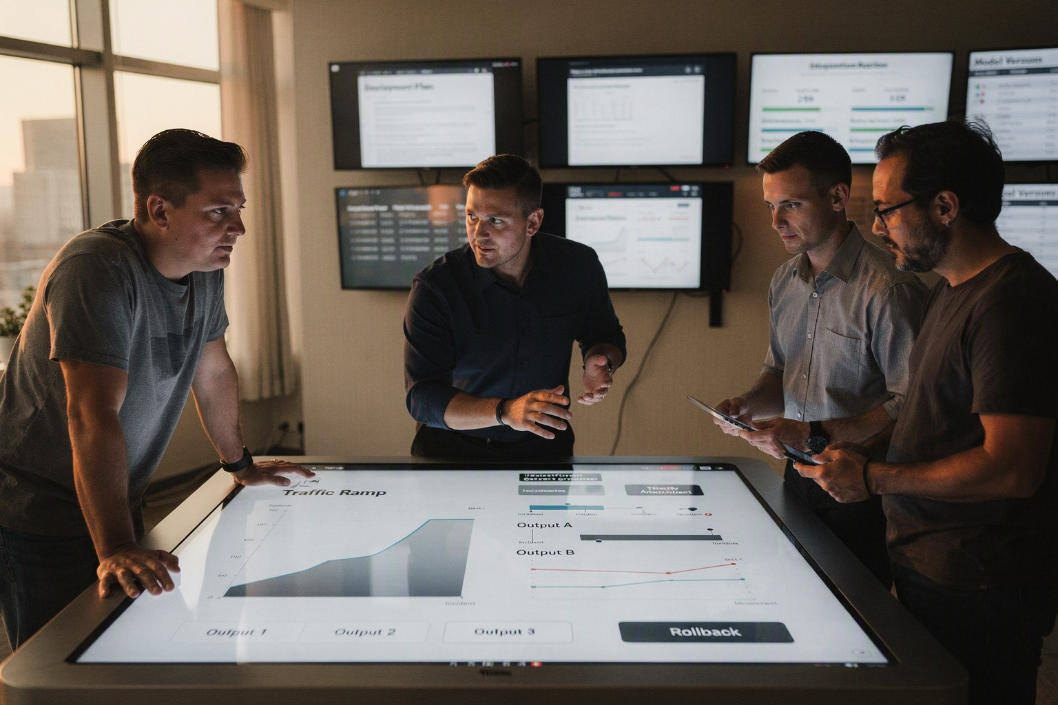 A cross-functional rollout review in a modern operations room, with platform engineers, security reviewers, product owners,
