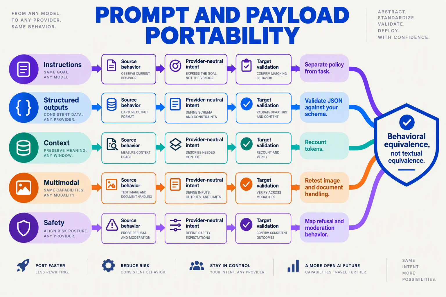 A five-lane transformation pipeline titled PROMPT AND PAYLOAD PORTABILITY flowing from left to right