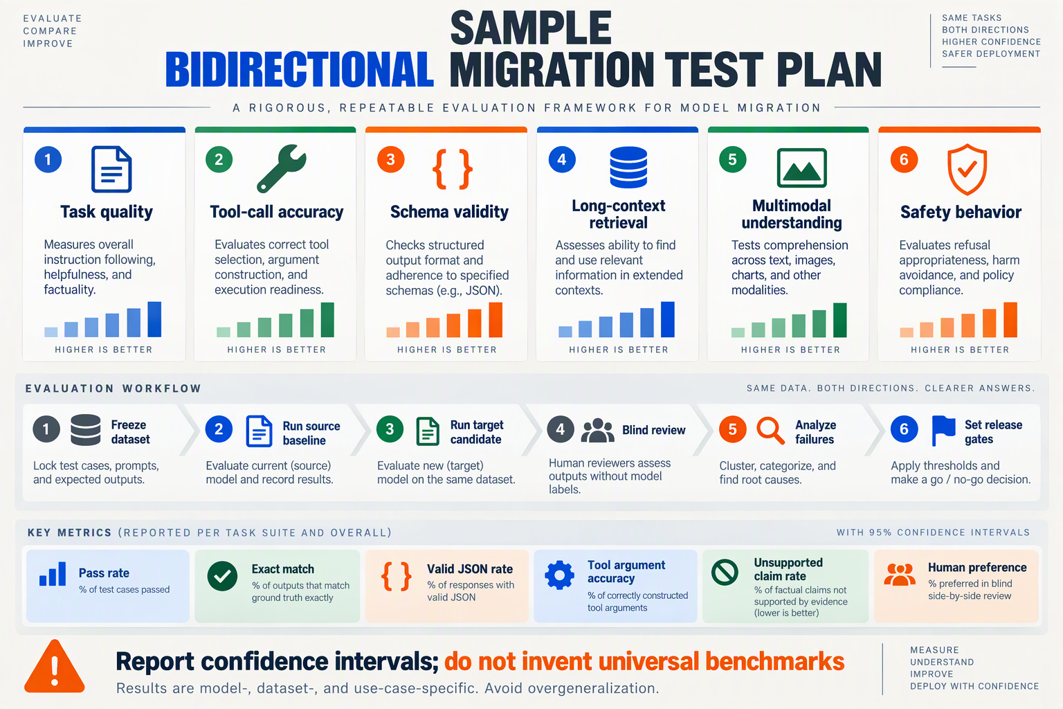 A comprehensive evaluation scorecard infographic titled SAMPLE BIDIRECTIONAL MIGRATION TEST PLAN