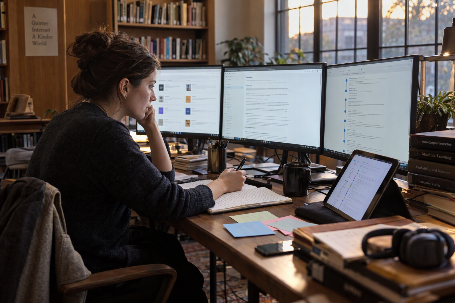 An AI platform researcher working in a quiet engineering library late in the afternoon, comparing current primary