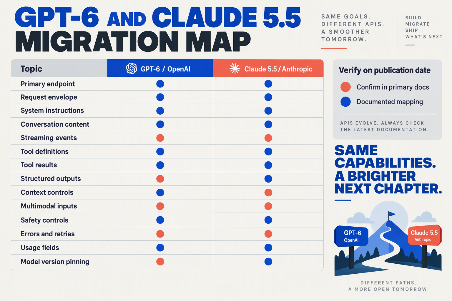 A polished side-by-side API comparison matrix titled GPT-6 AND CLAUDE 5.5 MIGRATION MAP