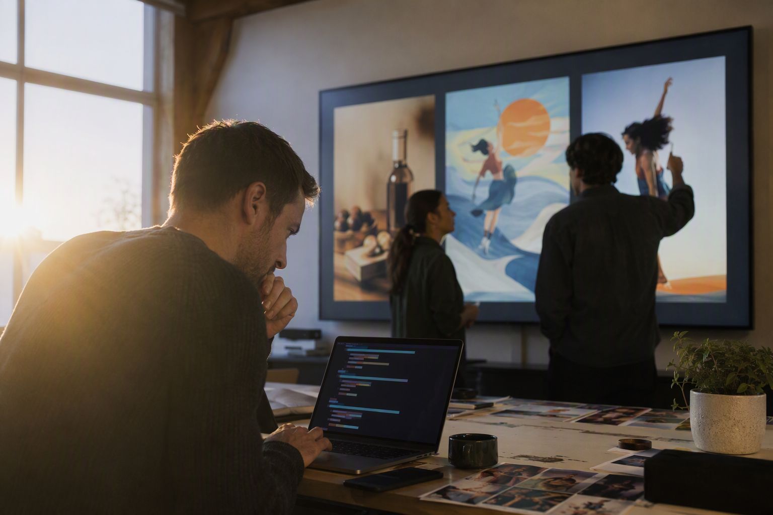 A launch-day scene inside a bright software studio on September 8, 2026, where developers and creative technologists examine