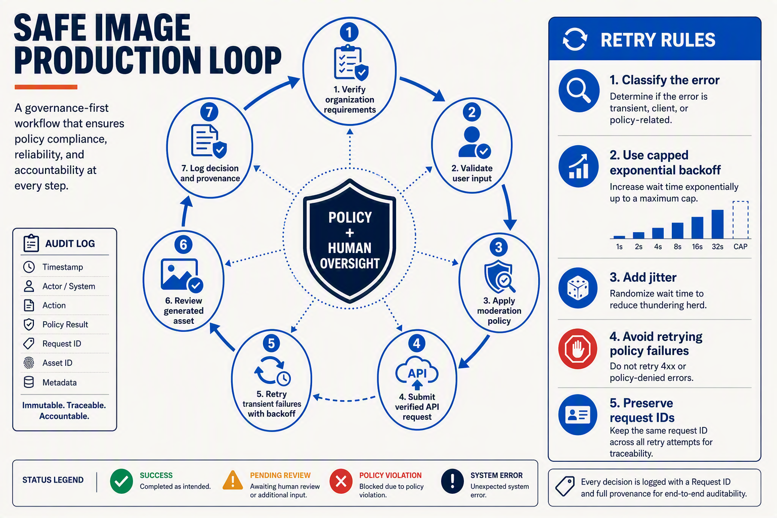 A circular production-governance diagram titled SAFE IMAGE PRODUCTION LOOP with seven connected checkpoints: 1