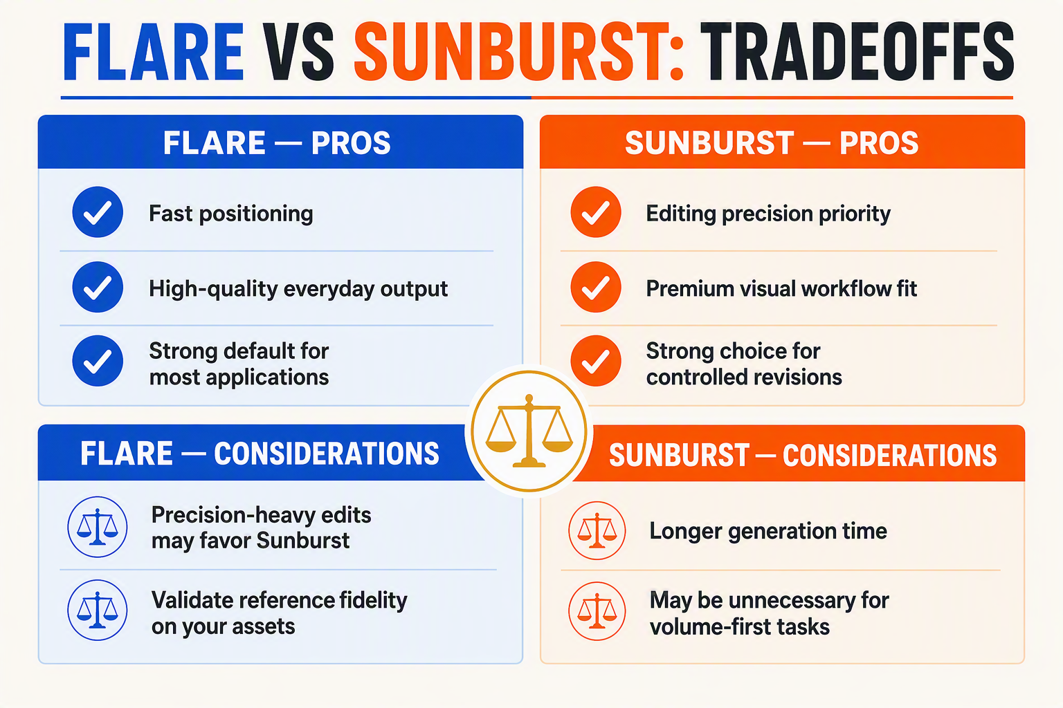 Create a balanced four-quadrant pros-and-cons infographic titled FLARE VS SUNBURST: TRADEOFFS