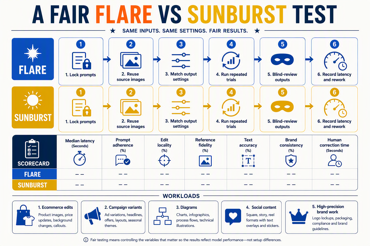 Build a rigorous two-lane testing-protocol infographic titled A FAIR FLARE VS SUNBURST TEST