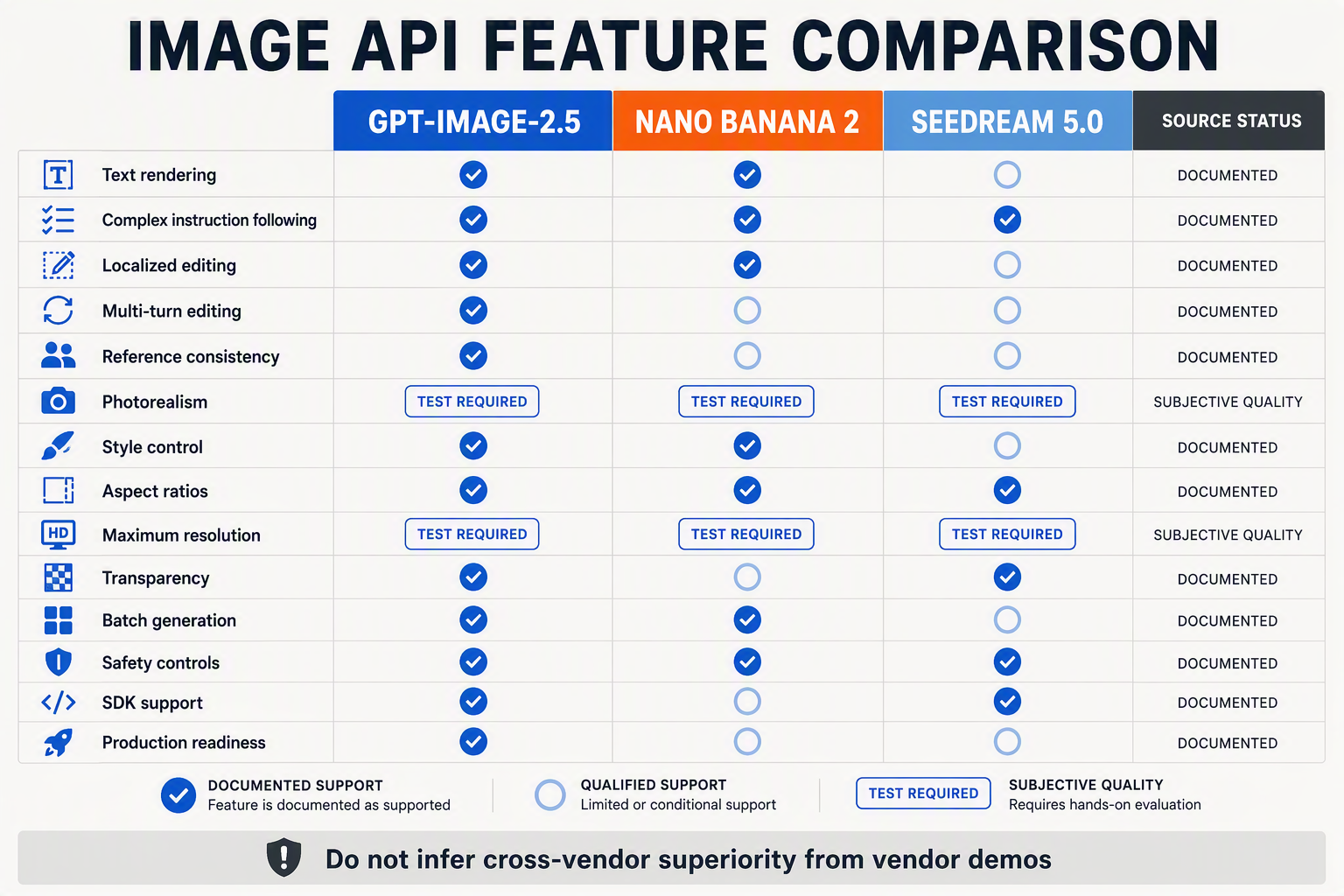 A clean three-way feature comparison grid titled IMAGE API FEATURE COMPARISON with large headers GPT-IMAGE-2.5, NANO BANANA