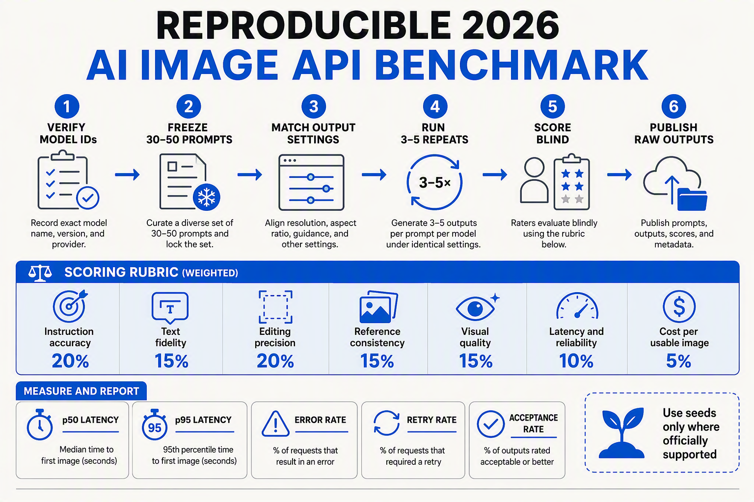 A horizontal laboratory-style workflow infographic titled REPRODUCIBLE 2026 AI IMAGE API BENCHMARK showing six numbered