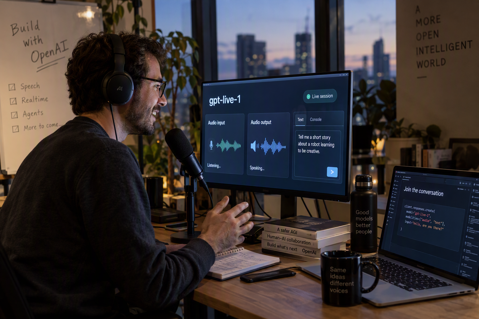A launch-day scene inside a developer workspace where an engineer tests a live voice conversation through a microphone and