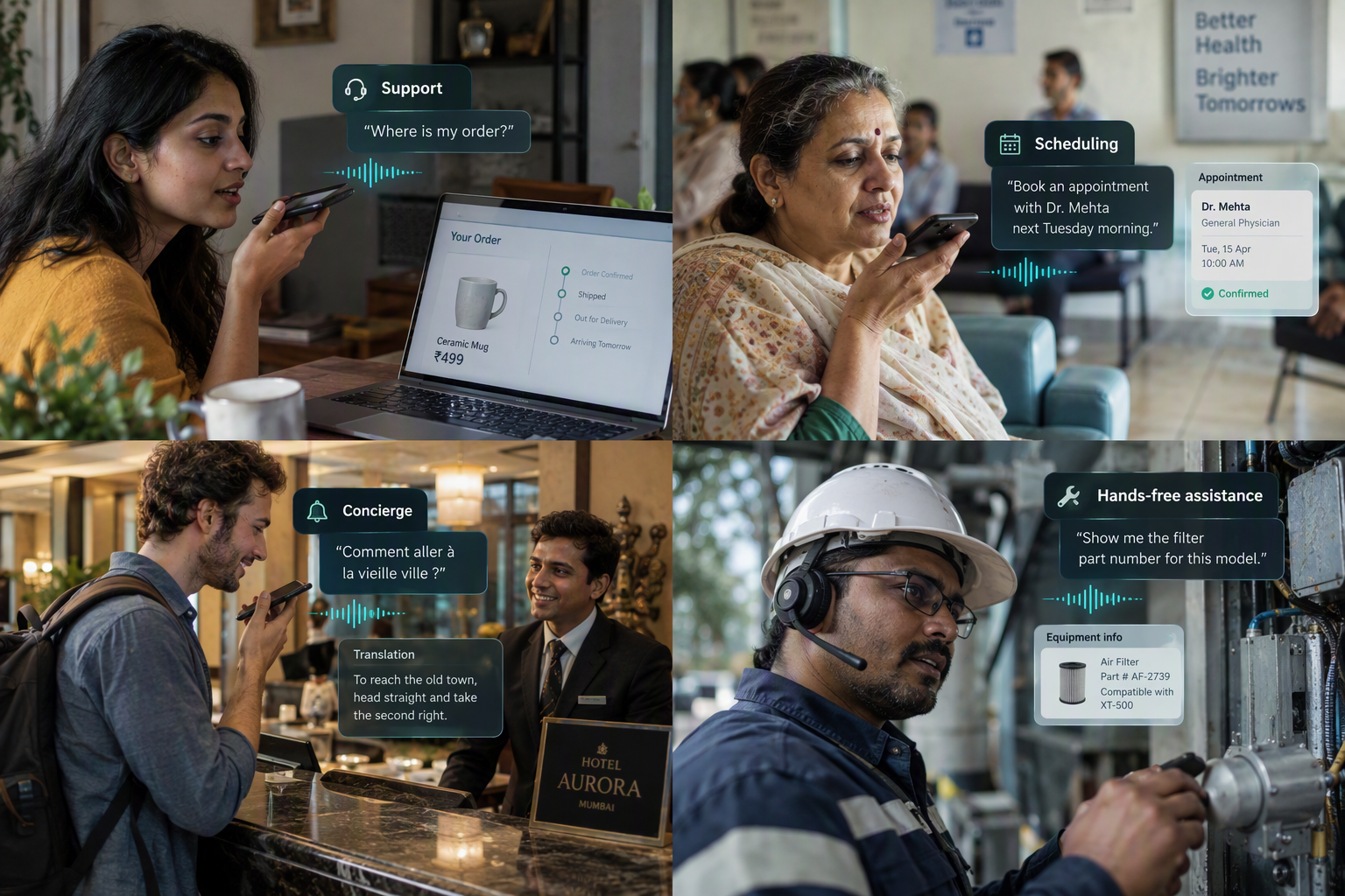A lively four-scene editorial collage showing distinct real-time voice-agent applications: a customer speaking to a support