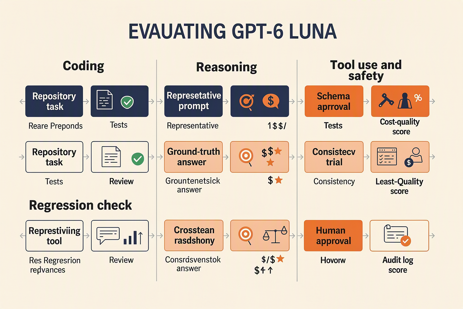 A three-lane evidence infographic titled EVALUATING GPT-6 LUNA
