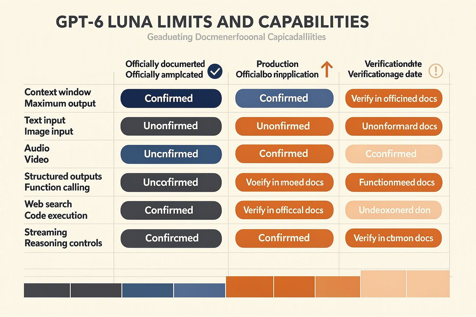 A technical capability matrix titled GPT-6 LUNA LIMITS AND CAPABILITIES