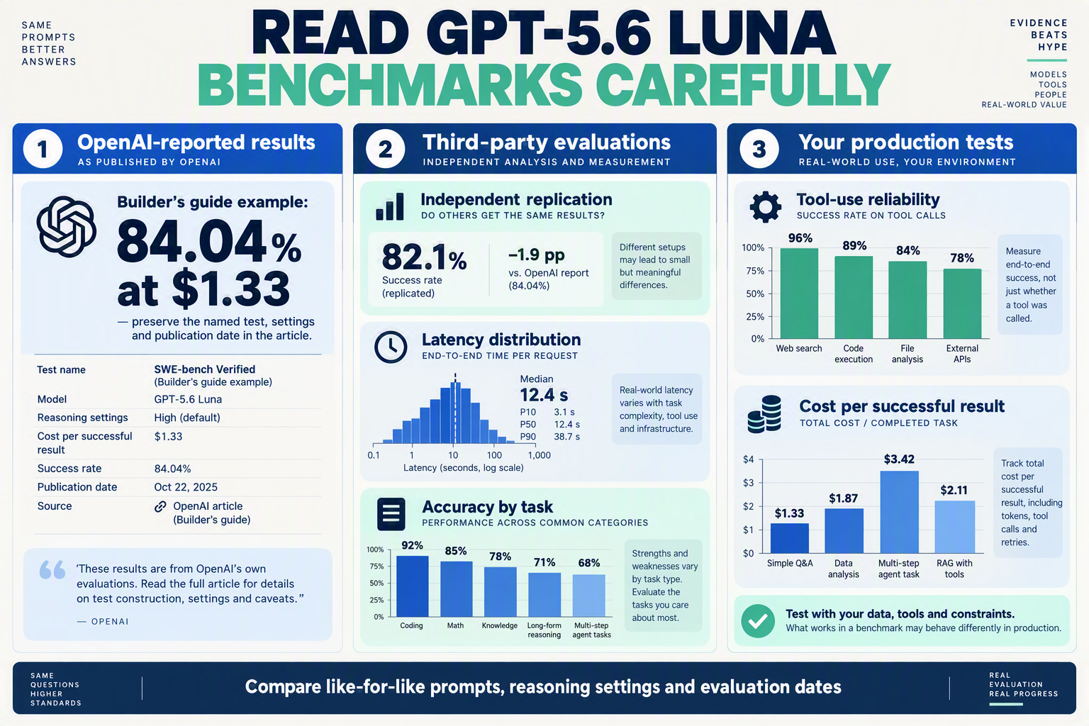 A benchmark evidence board titled READ GPT-5.6 LUNA BENCHMARKS CAREFULLY divided into three columns: OpenAI-reported