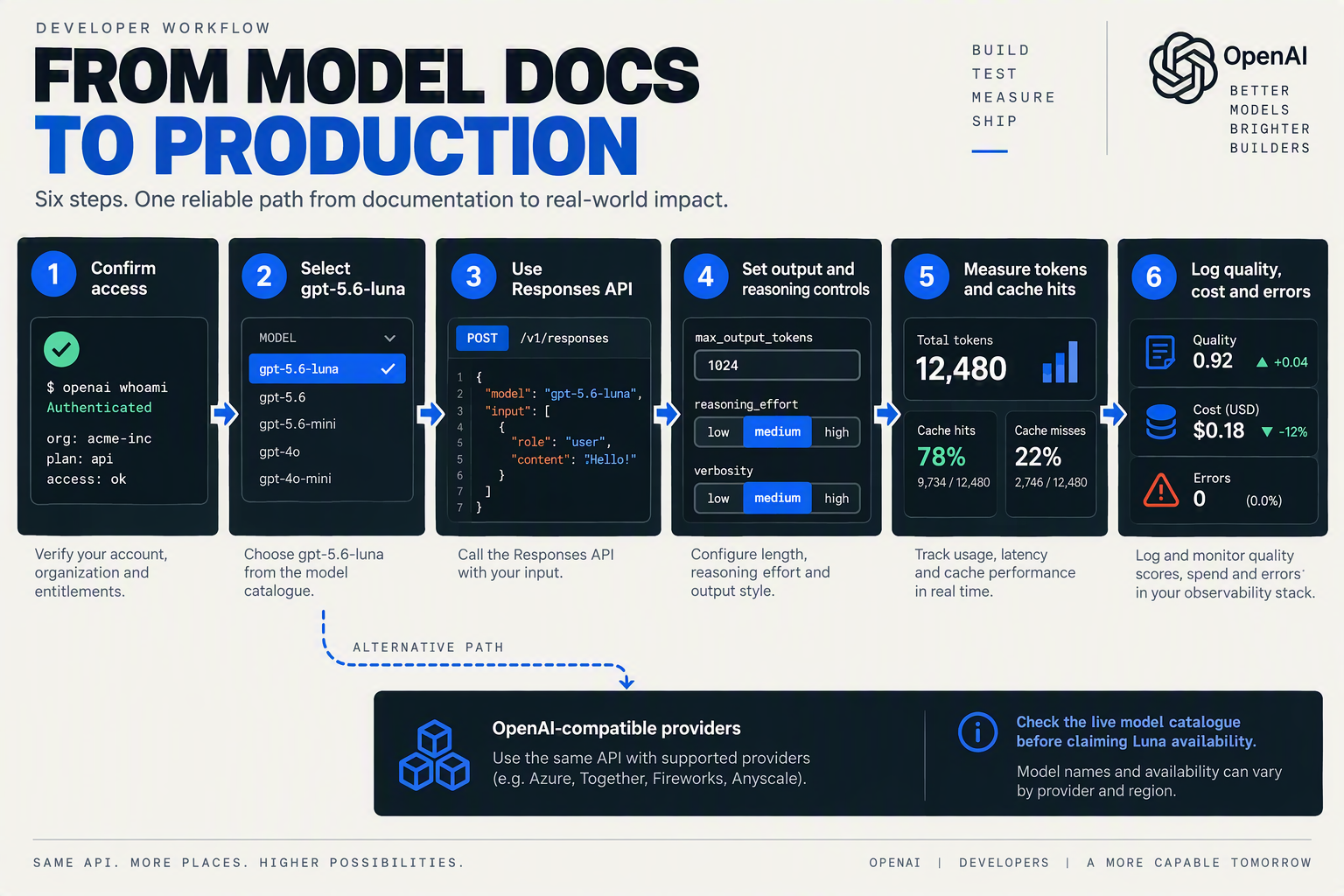 A six-step developer workflow titled FROM MODEL DOCS TO PRODUCTION flowing left to right with arrows: 1