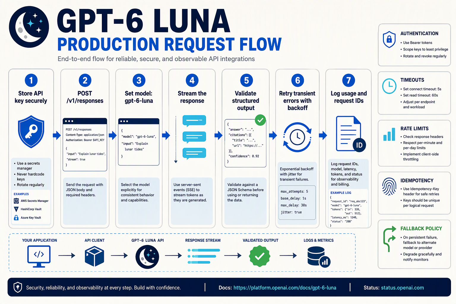 An end-to-end API implementation diagram titled GPT-6 LUNA PRODUCTION REQUEST FLOW