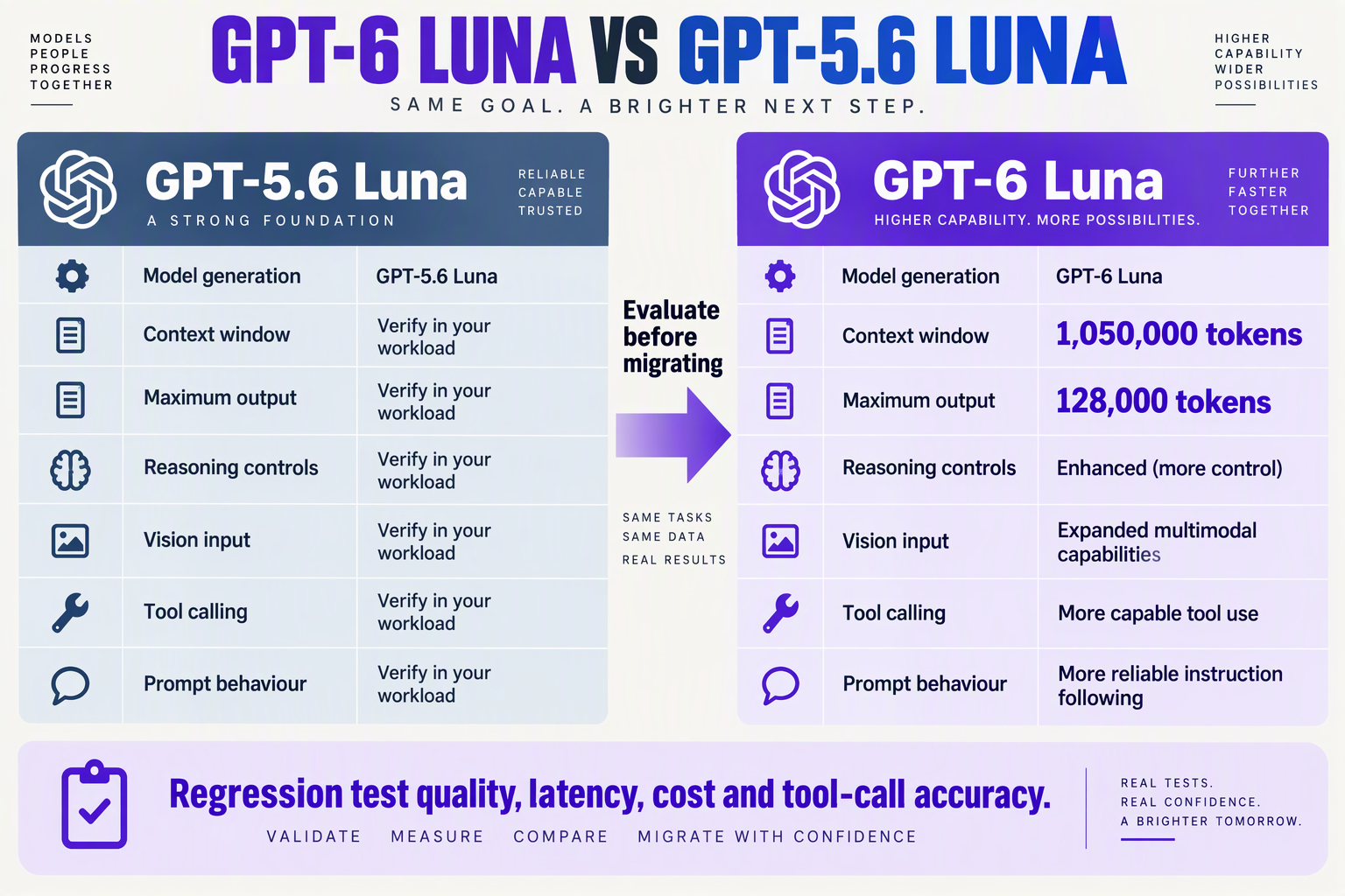 A balanced side-by-side migration comparison titled GPT-6 LUNA VS GPT-5.6 LUNA