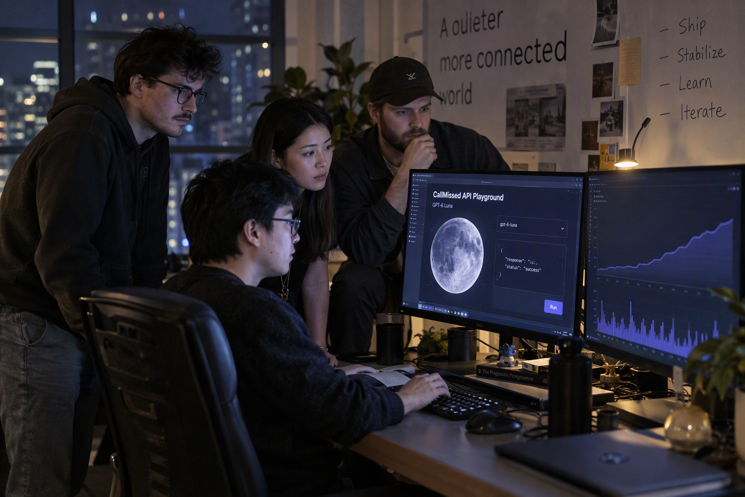 A launch-news scene in a contemporary software operations room, with a developer opening the GPT-6 Luna model inside the