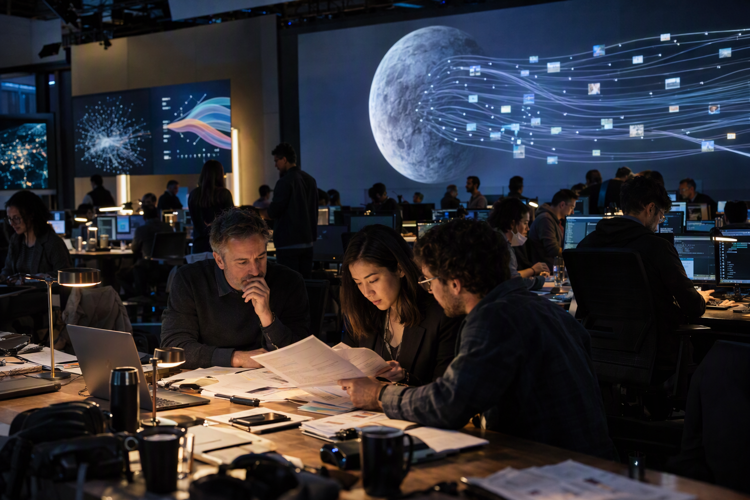 A busy technology newsroom and analyst briefing room during an AI model announcement, with journalists reviewing official