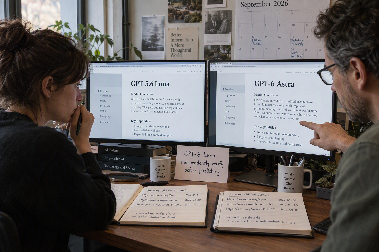 A technology journalist and software engineer review two official-looking documentation pages on adjacent monitors in a