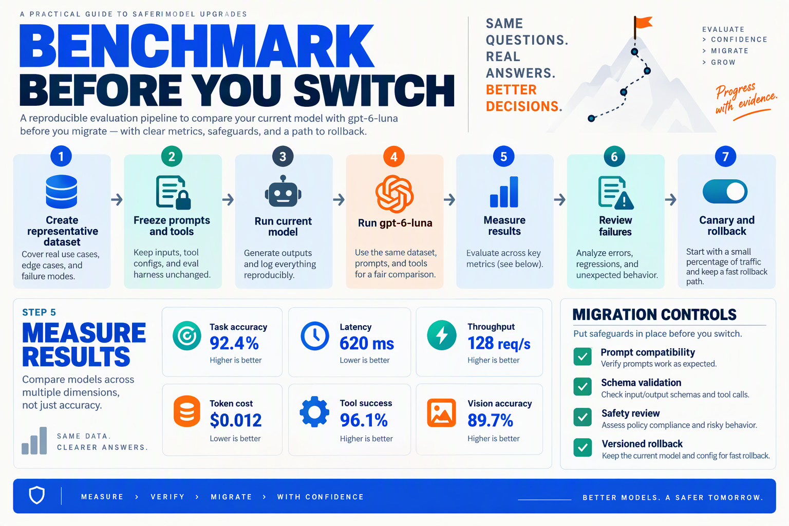 A reproducible evaluation pipeline titled BENCHMARK BEFORE YOU SWITCH with seven connected stages: Create representative