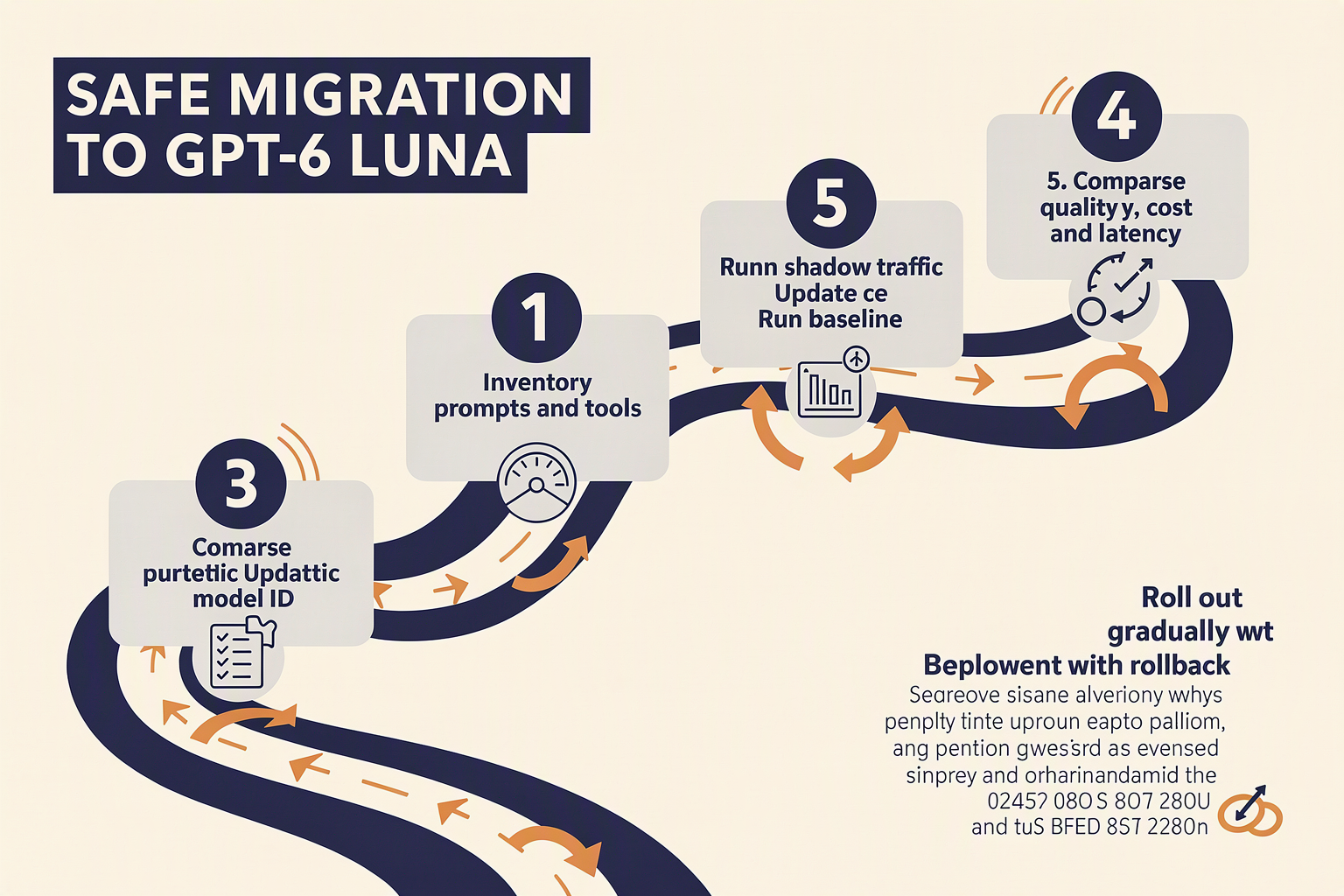 A migration roadmap infographic titled SAFE MIGRATION TO GPT-6 LUNA showing a curved path through six numbered checkpoints: 1