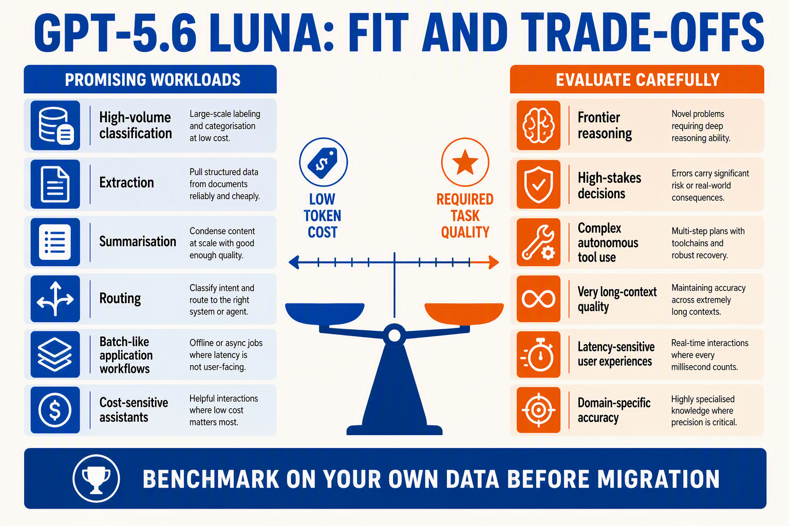 A balanced workload decision matrix titled GPT-5.6 LUNA: FIT AND TRADE-OFFS