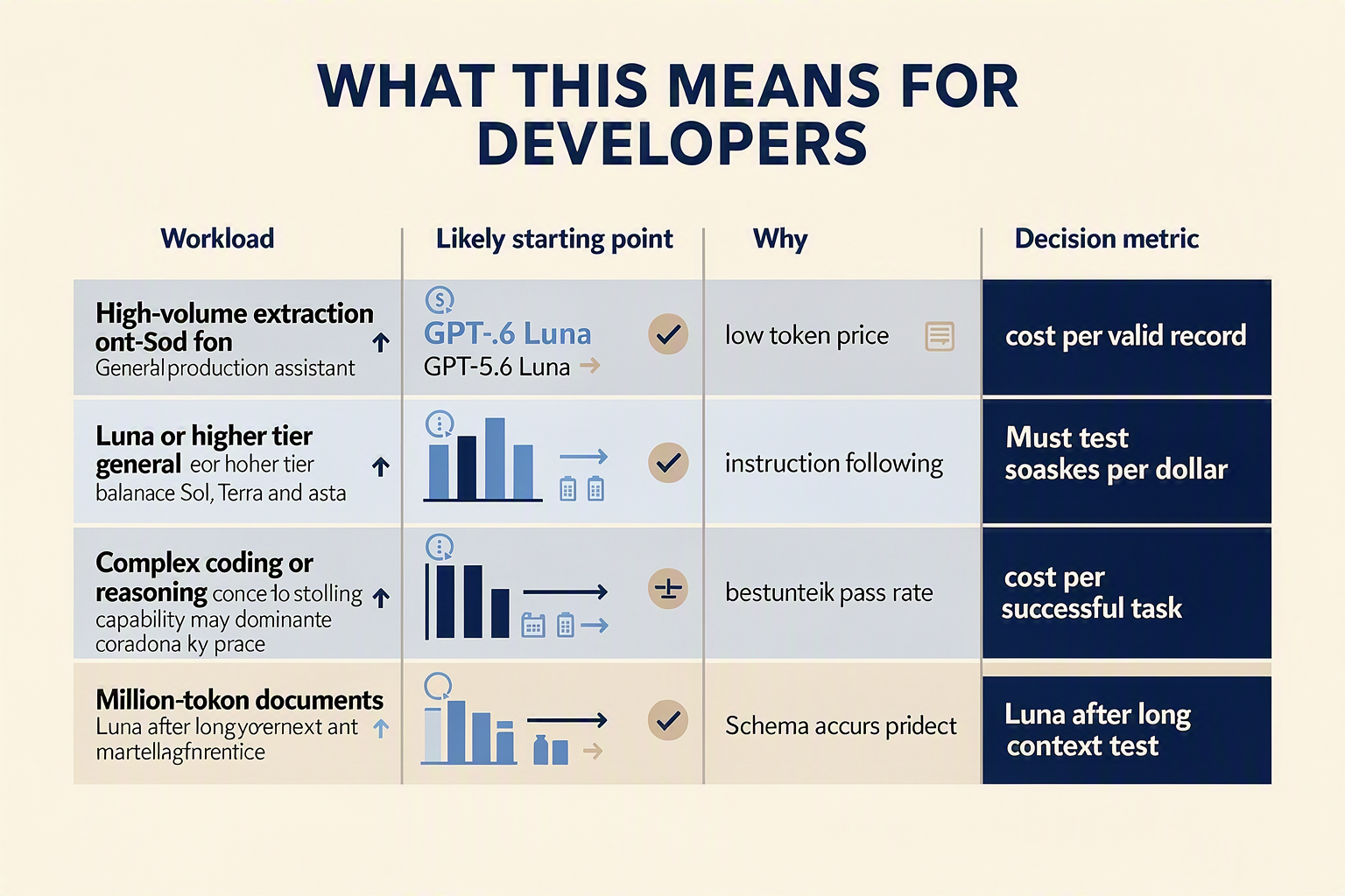 A practical model-selection table titled WHAT THIS MEANS FOR DEVELOPERS with columns Workload, Likely starting point, Why,