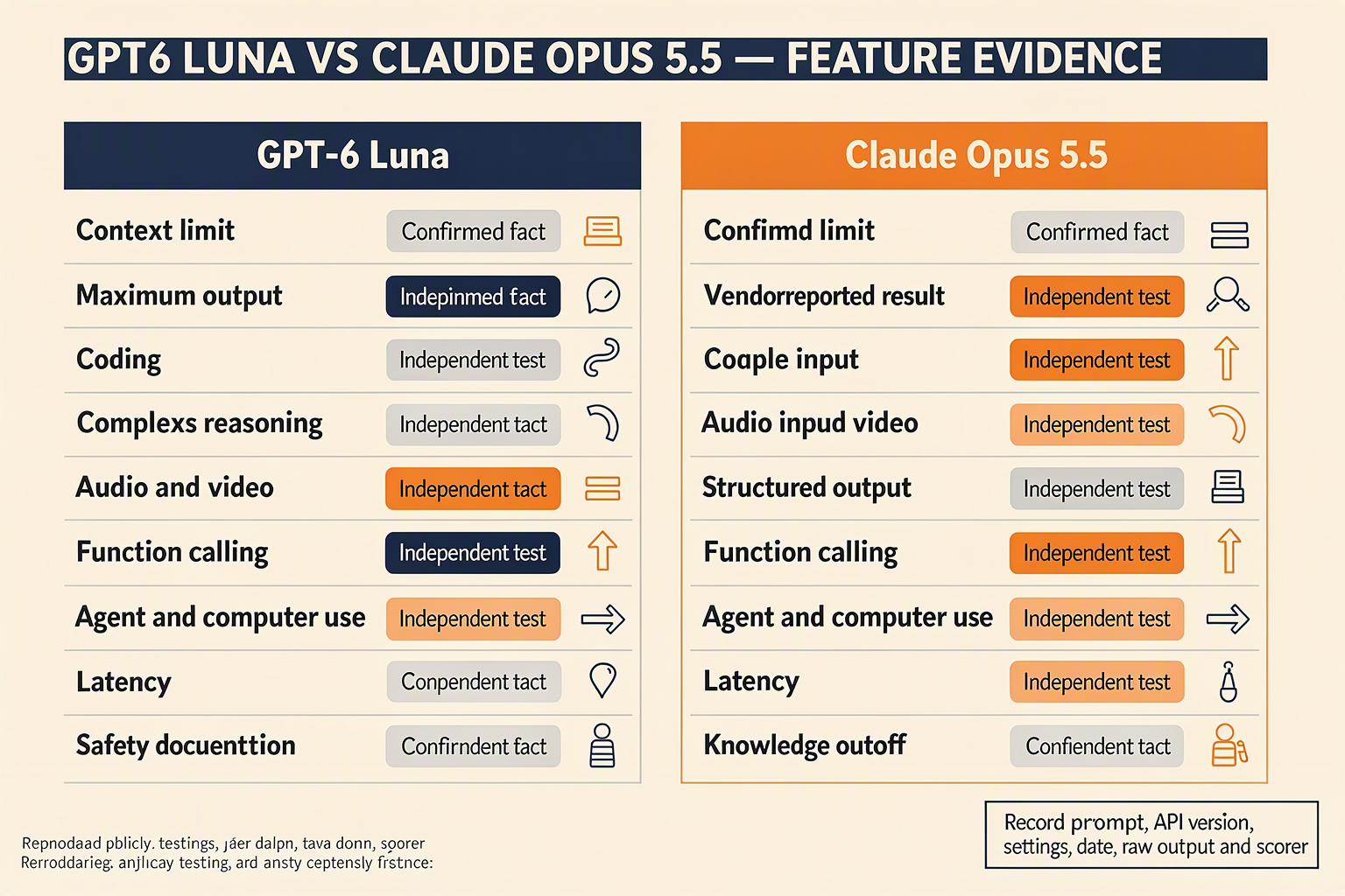 Build a detailed head-to-head comparison matrix titled GPT-6 LUNA VS CLAUDE OPUS 5.5 — FEATURE EVIDENCE