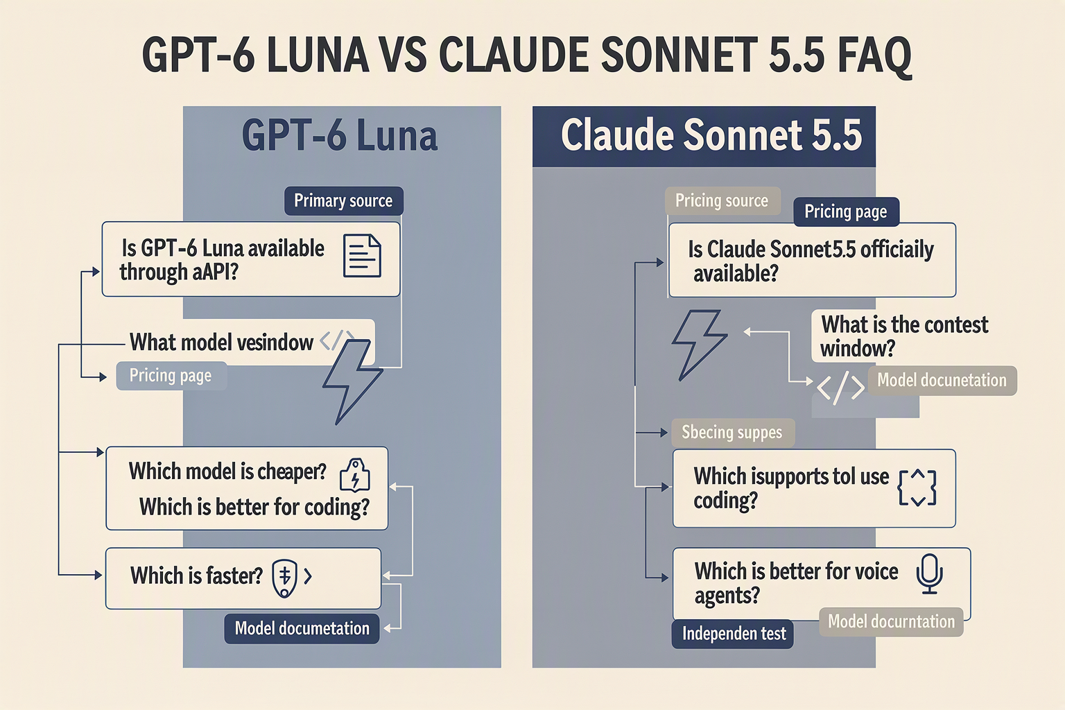 Create a side-by-side FAQ knowledge map headed GPT-6 LUNA VS CLAUDE SONNET 5.5 FAQ