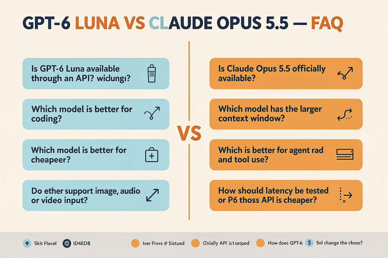Create an organized FAQ comparison wall titled GPT-6 LUNA VS CLAUDE OPUS 5.5 — FAQ with alternating cyan and amber question