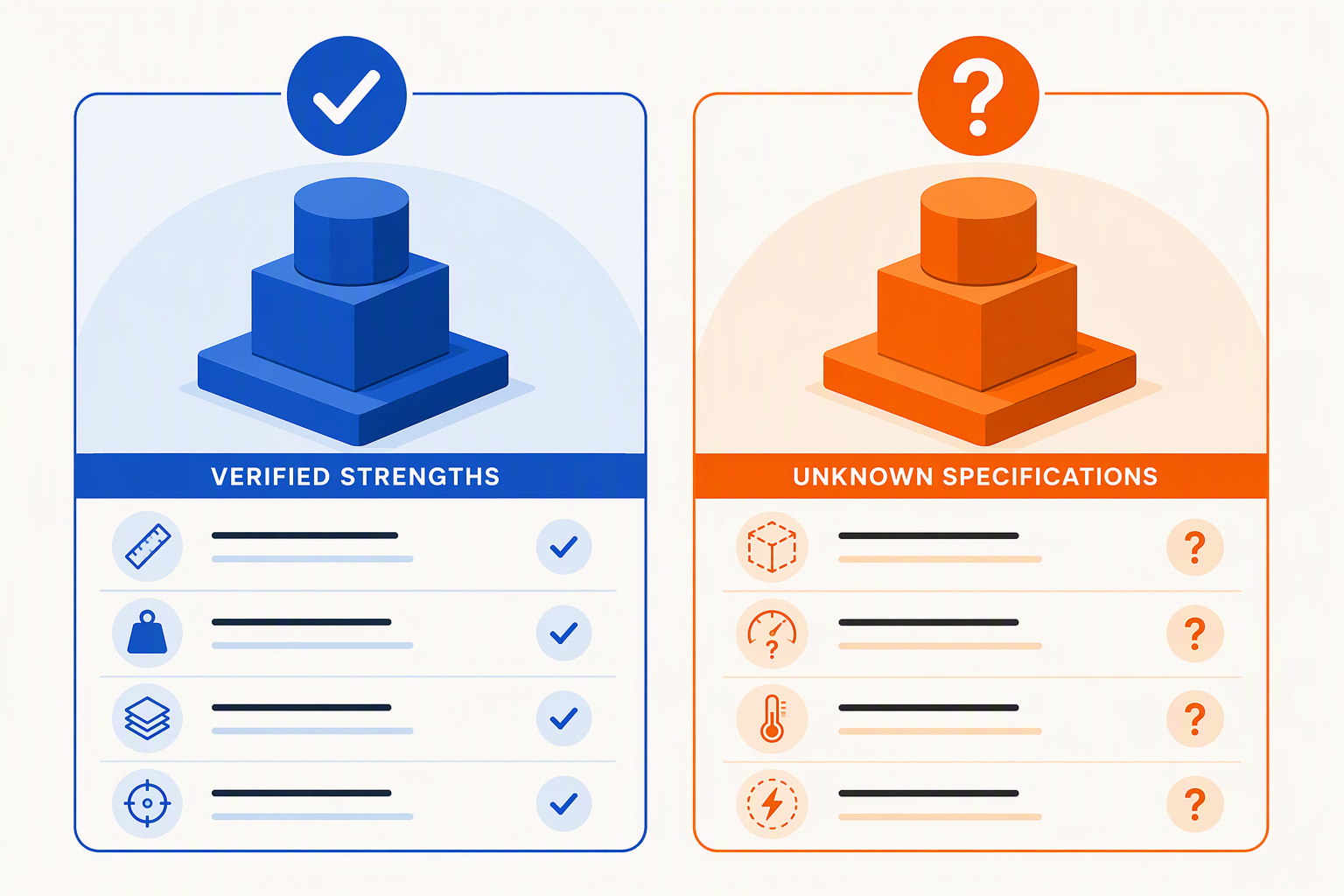 Design a balanced two-column pros-and-cons board titled STRENGTHS, TRADE-OFFS AND UNKNOWNS