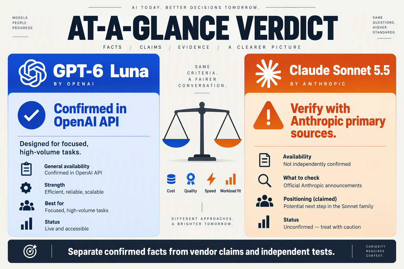 Create an answer-first split verdict graphic with two large columns labeled GPT-6 Luna and Claude Sonnet 5.5 beneath the
