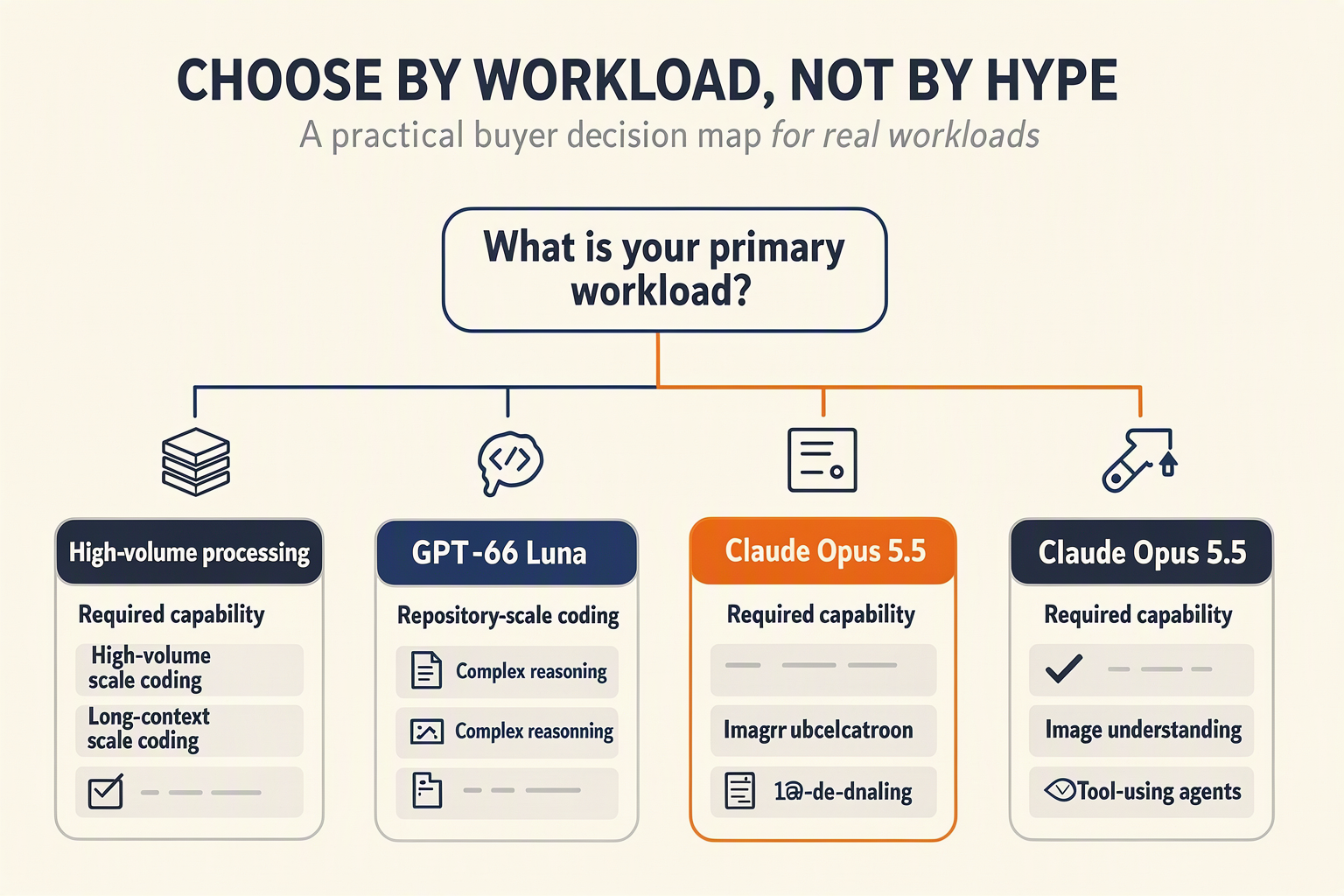 Create a branching buyer decision map titled CHOOSE BY WORKLOAD, NOT BY HYPE