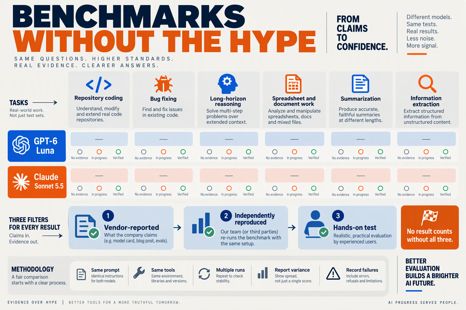 Build an evidence-audit infographic titled BENCHMARKS WITHOUT THE HYPE with parallel lanes labeled GPT-6 Luna and Claude