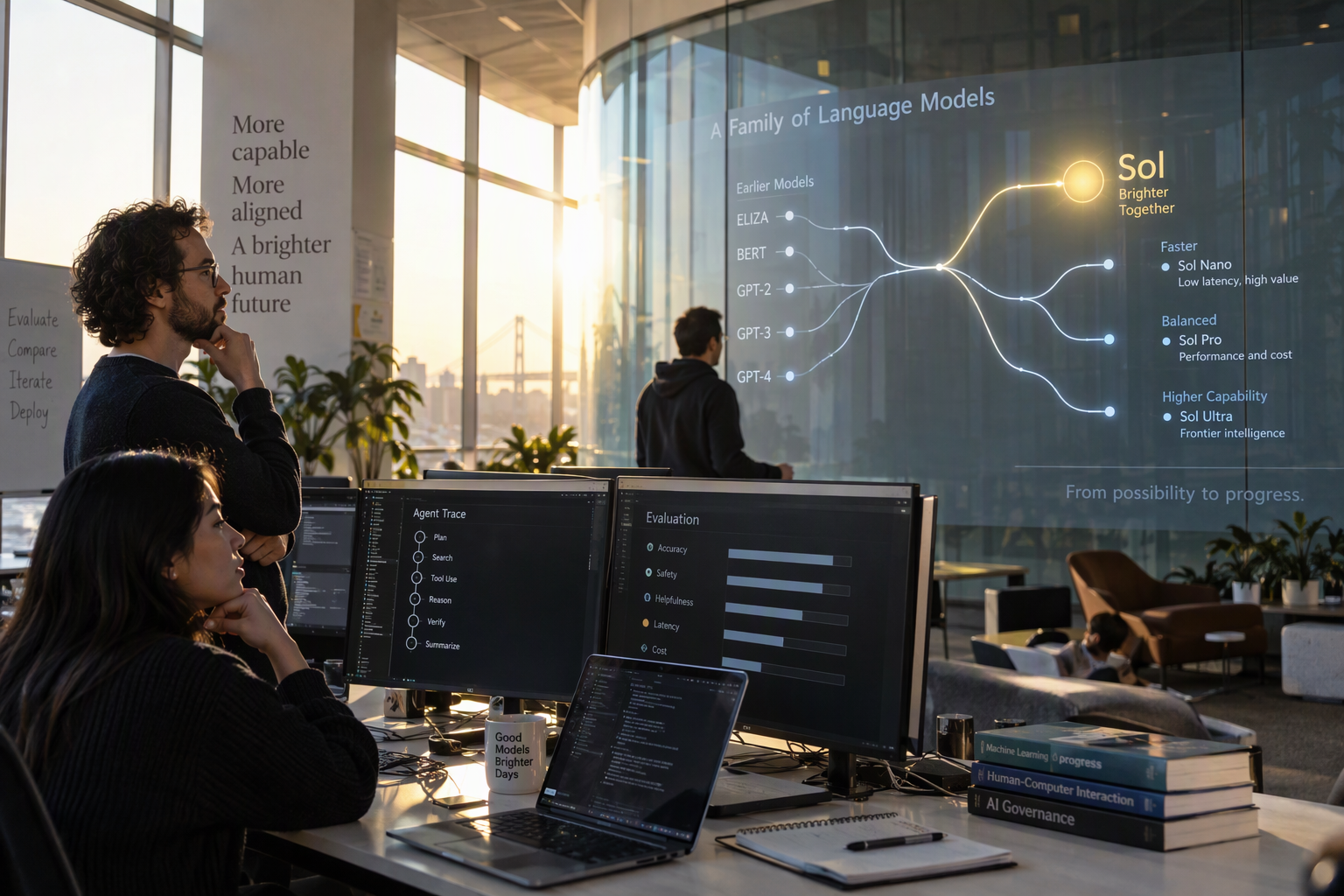 An editorial scene inside an AI research laboratory where engineers study a luminous family tree of language models