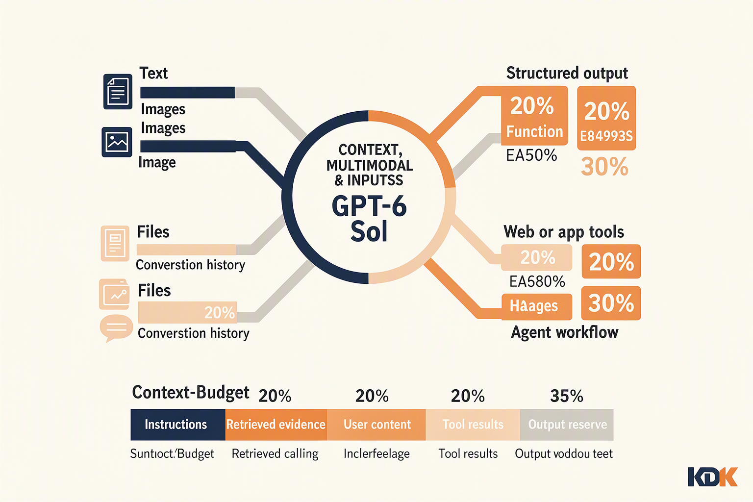 A radial systems infographic titled CONTEXT, MULTIMODAL INPUTS & TOOLS with GPT-6 Sol at the center