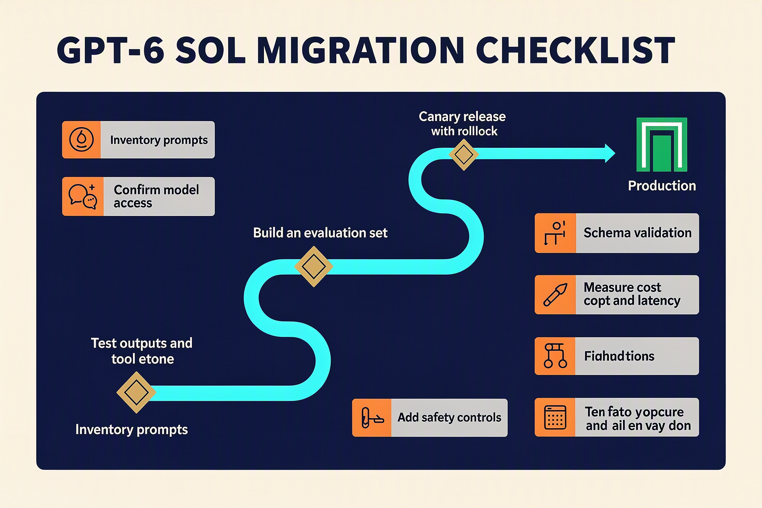 A production-migration roadmap titled GPT-6 SOL MIGRATION CHECKLIST arranged as a winding path through seven milestones: