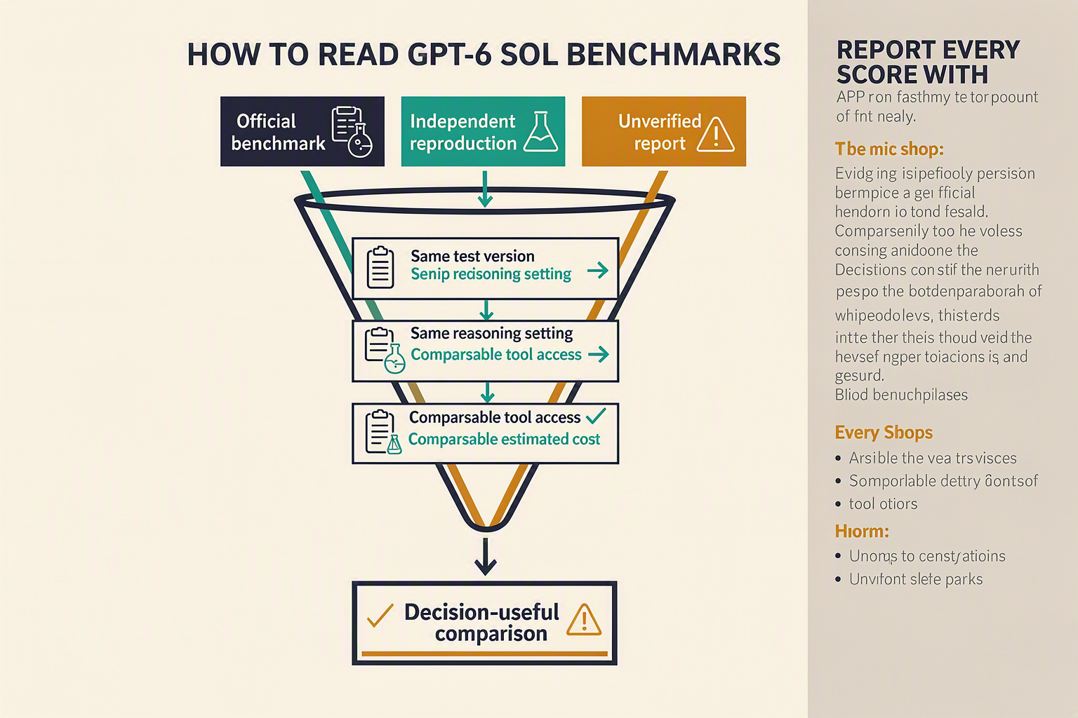 An evidence-audit infographic titled HOW TO READ GPT-6 SOL BENCHMARKS arranged as a funnel
