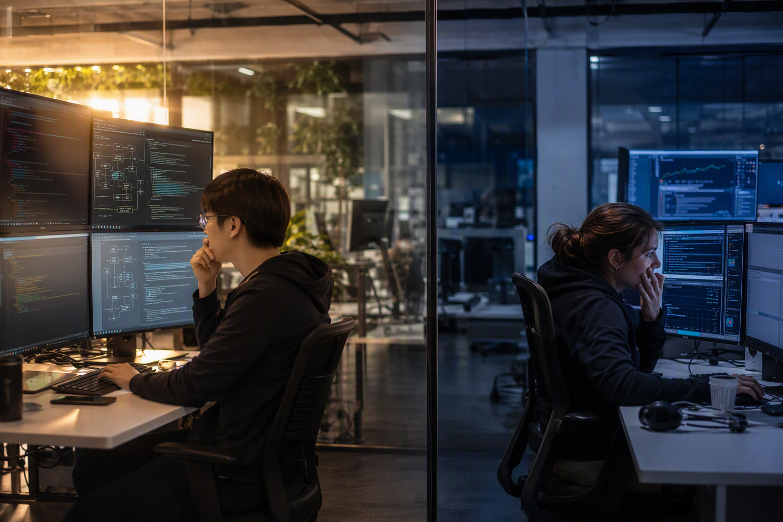 A balanced split-screen editorial scene inside an AI operations centre