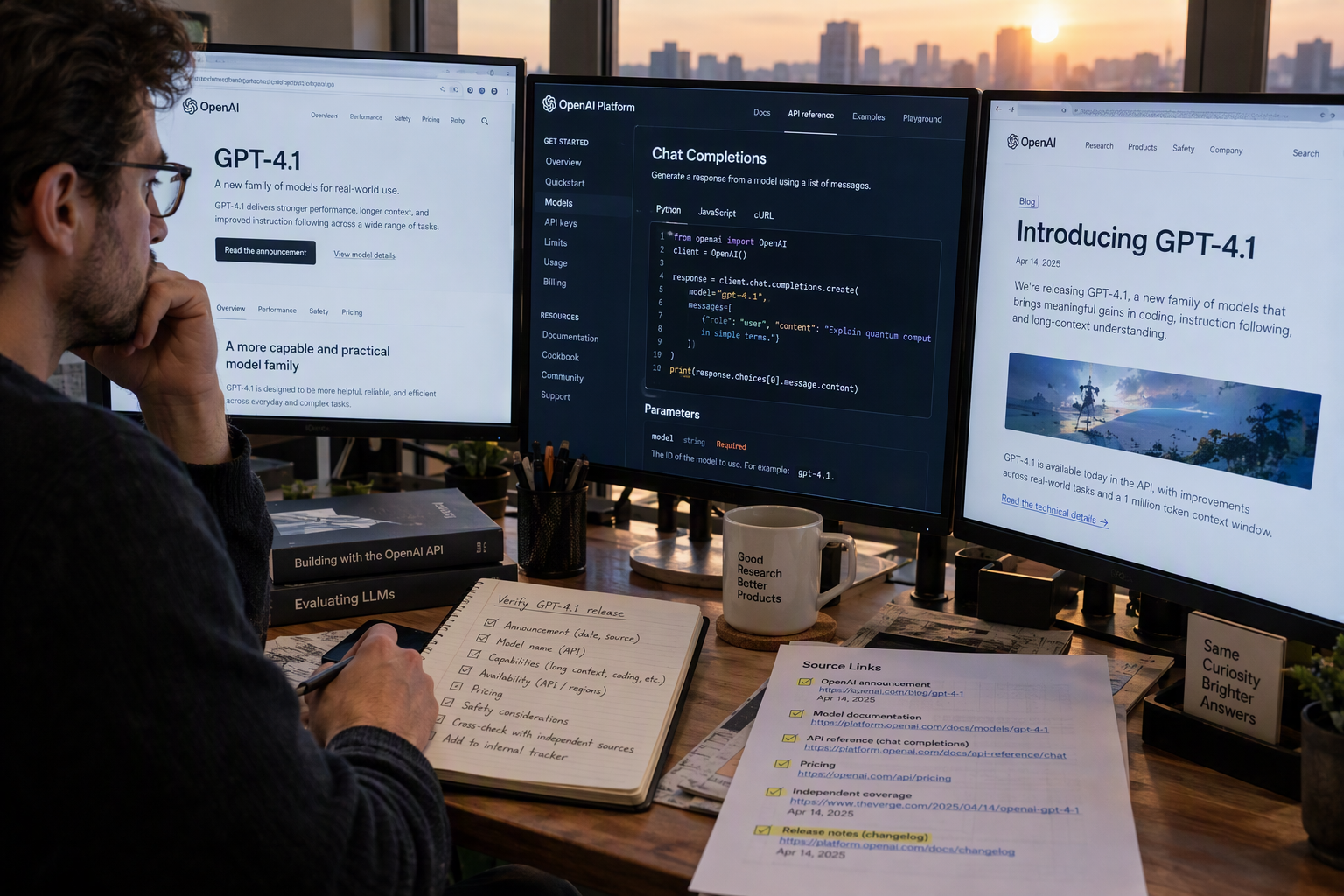 A newsroom-style technology verification desk where an analyst compares an official model documentation page, API console