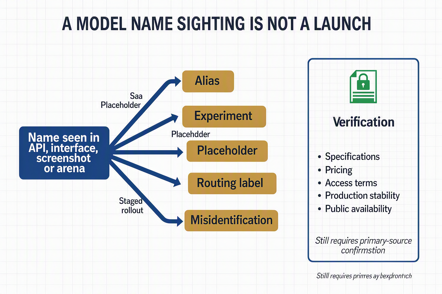 A branching diagnostic diagram titled A MODEL NAME SIGHTING IS NOT A LAUNCH