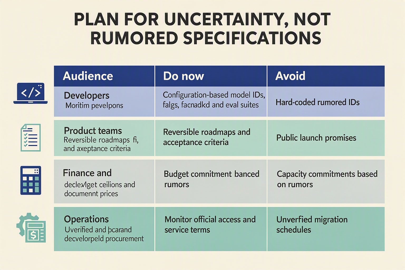 A role-based action table titled PLAN FOR UNCERTAINTY, NOT RUMORED SPECIFICATIONS with columns Audience, Do now, and Avoid