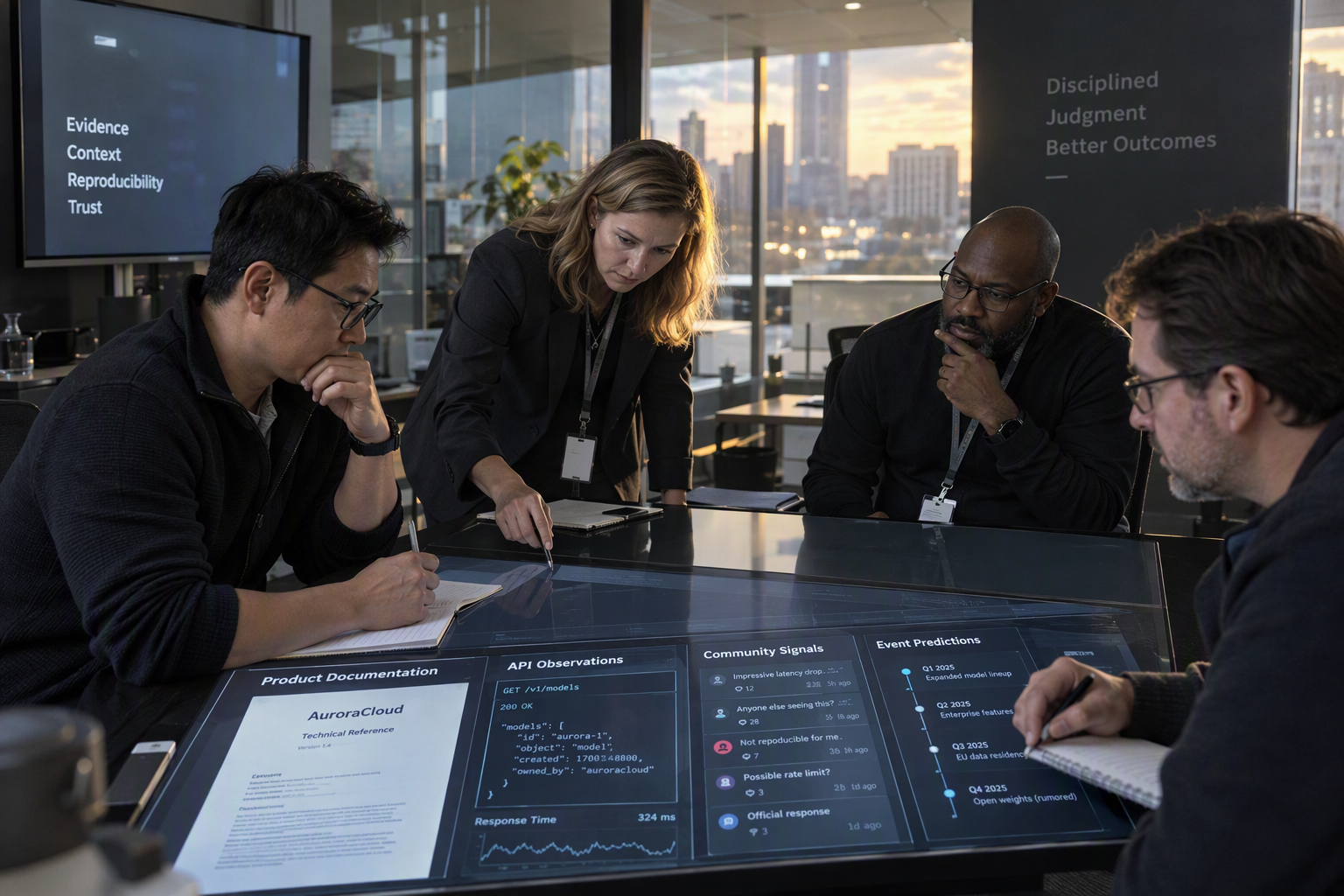 A multidisciplinary review panel in a glass-walled conference room, with an AI engineer, procurement specialist, security