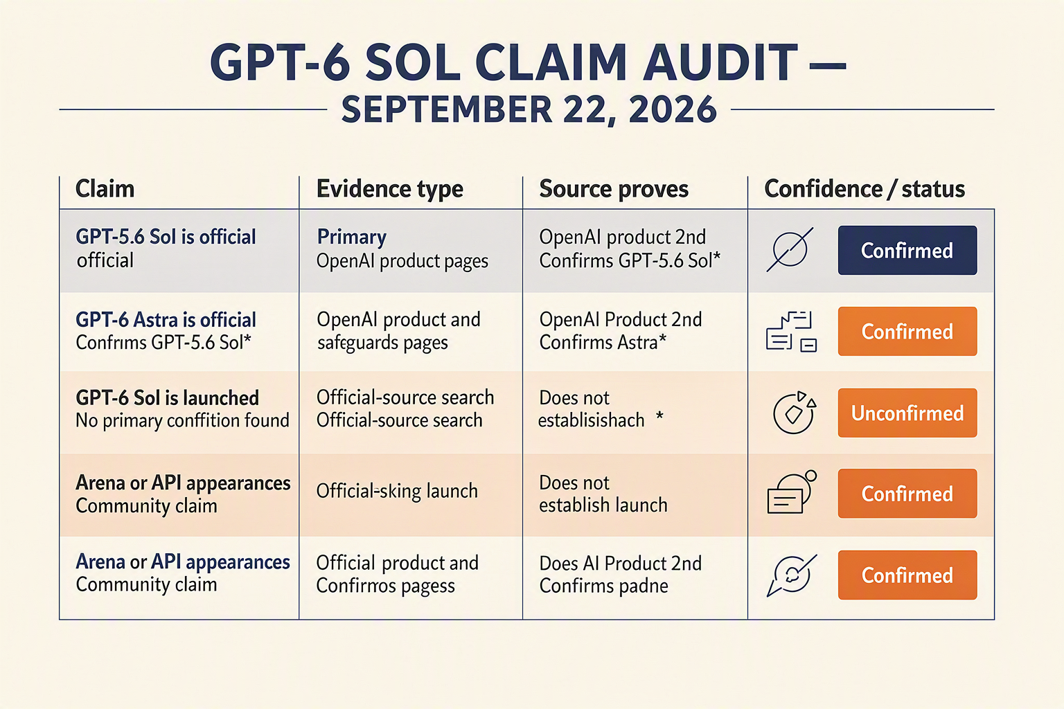 A timestamped evidence-audit matrix titled GPT-6 SOL CLAIM AUDIT — CHECKED SEPTEMBER 22, 2026 with five column headings: