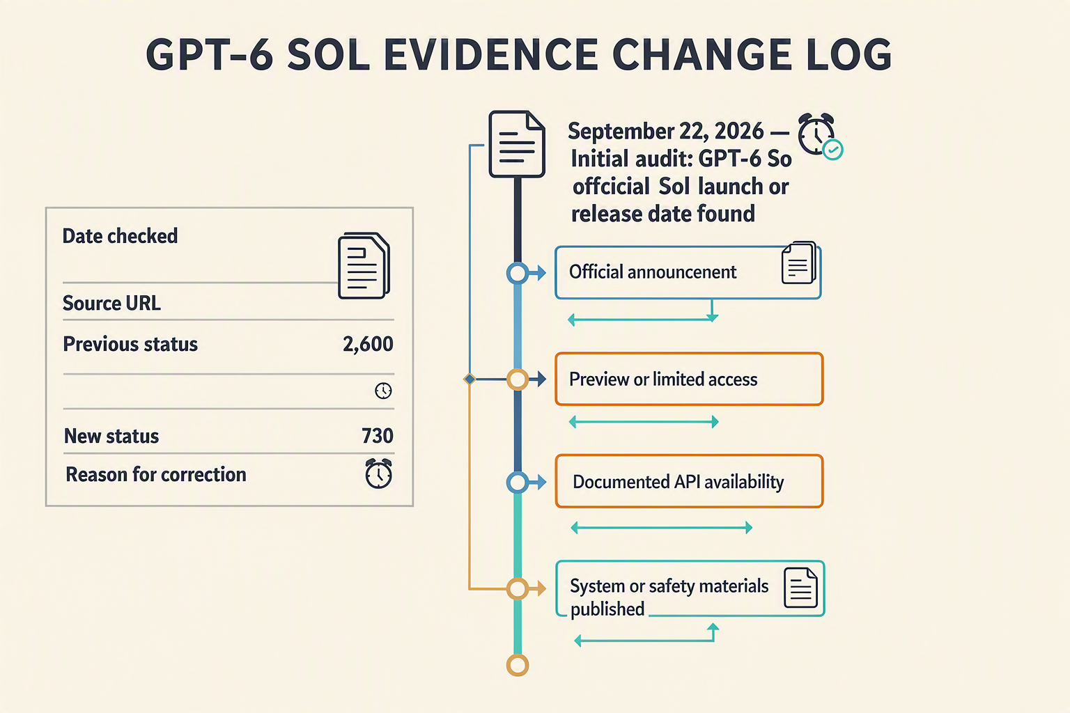 A versioned correction-log timeline titled GPT-6 SOL EVIDENCE CHANGE LOG beginning with September 22, 2026 — Initial audit:
