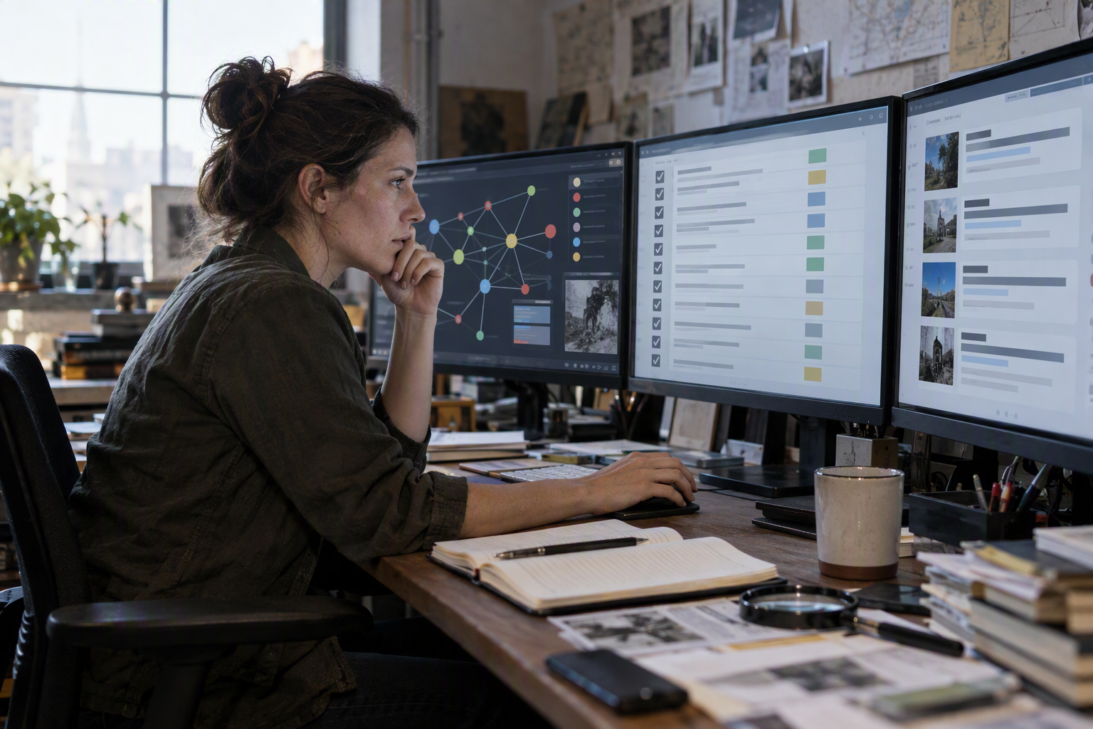 An investigative technology newsroom where a researcher compares official model documentation on several large monitors