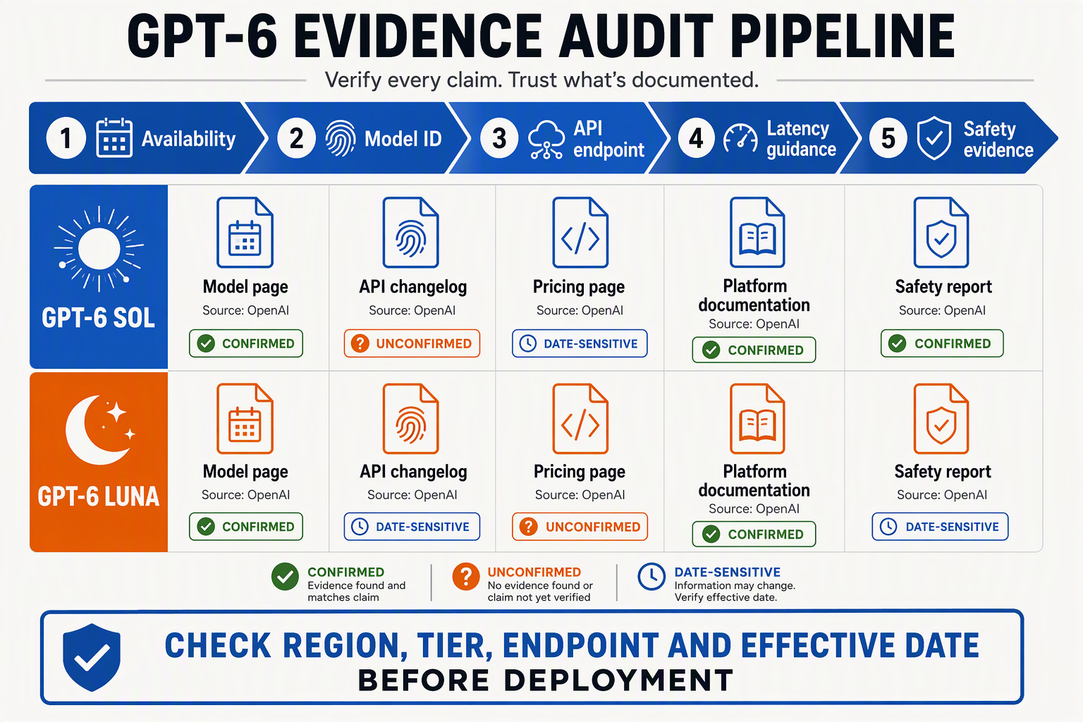 Create an evidence-audit infographic shaped like a deployment pipeline moving from left to right
